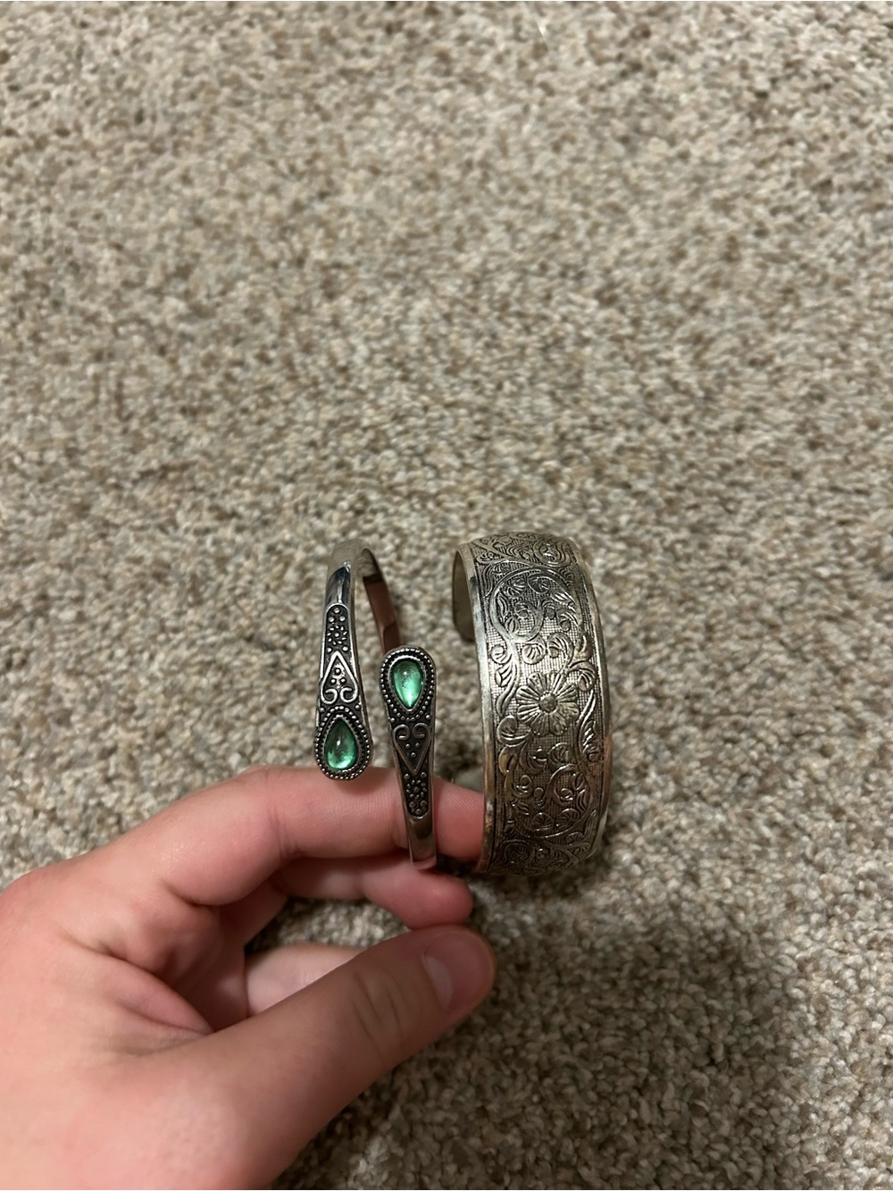 Silver-Tone Floral Engraved Cuff and Green Accent Bracelets - Women